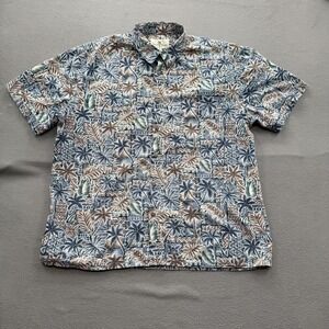Island Shores Shirt Mens XL Blue Tropical Palm Hawaiian Short Sleeve Button Up